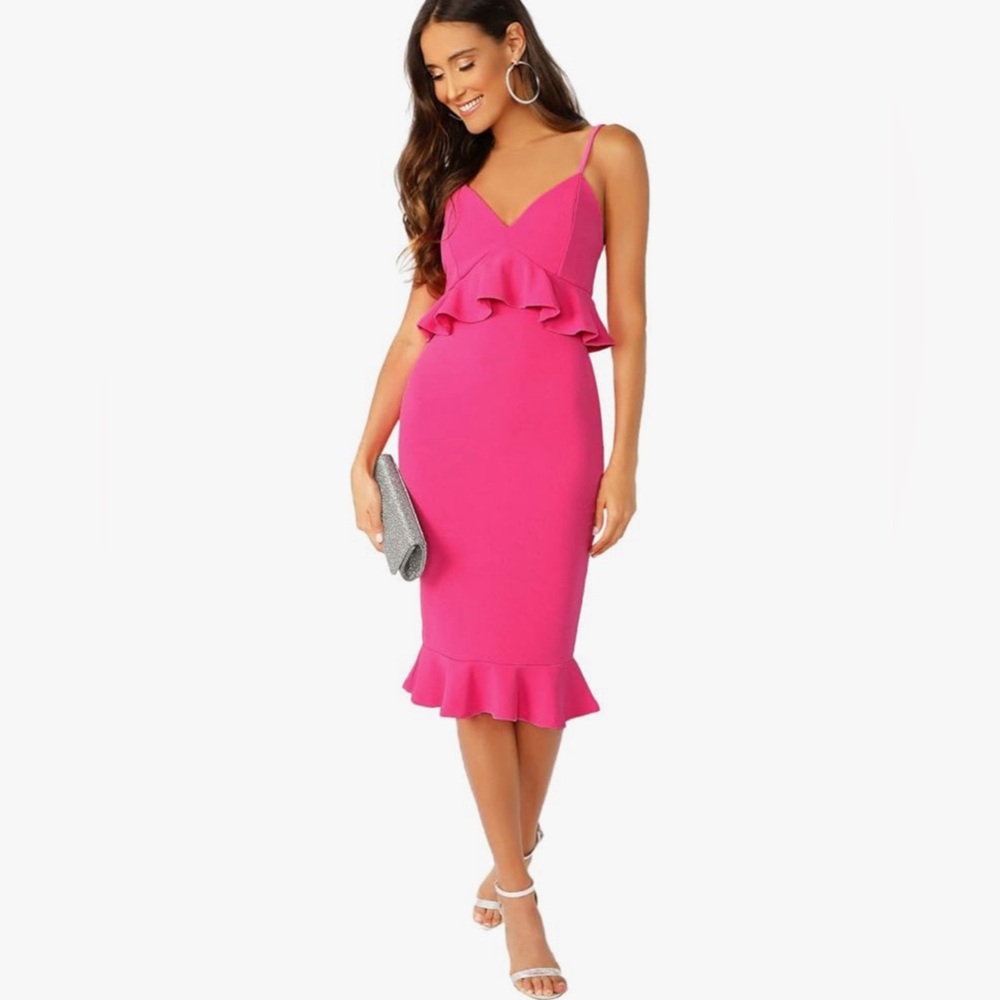 NWOT Women's V-Neck Ruffle Hem Fishtail Bodycon Peplum Midi Dress in Hot Pink